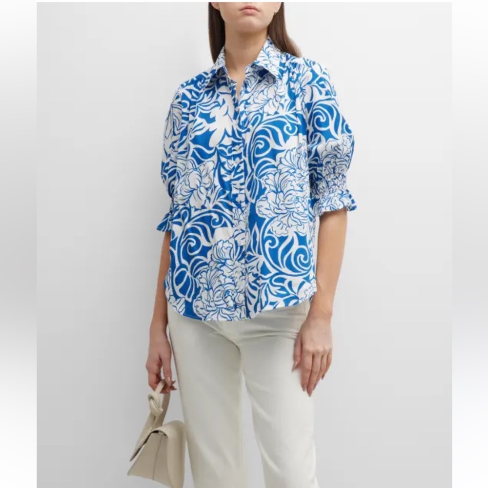 Finley Sirena Floral Print Blouson-Sleeve Shirt Smocked Sleeve Top Size XS